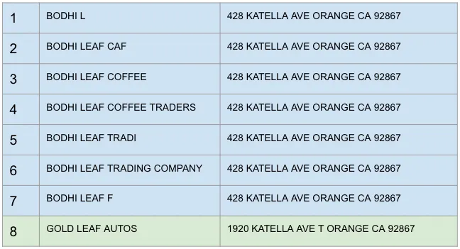 List of seven aliases for "Bodi Leaf" coffee company in blue; entry for "Gold Leaf Autos" appears in green at spot #8