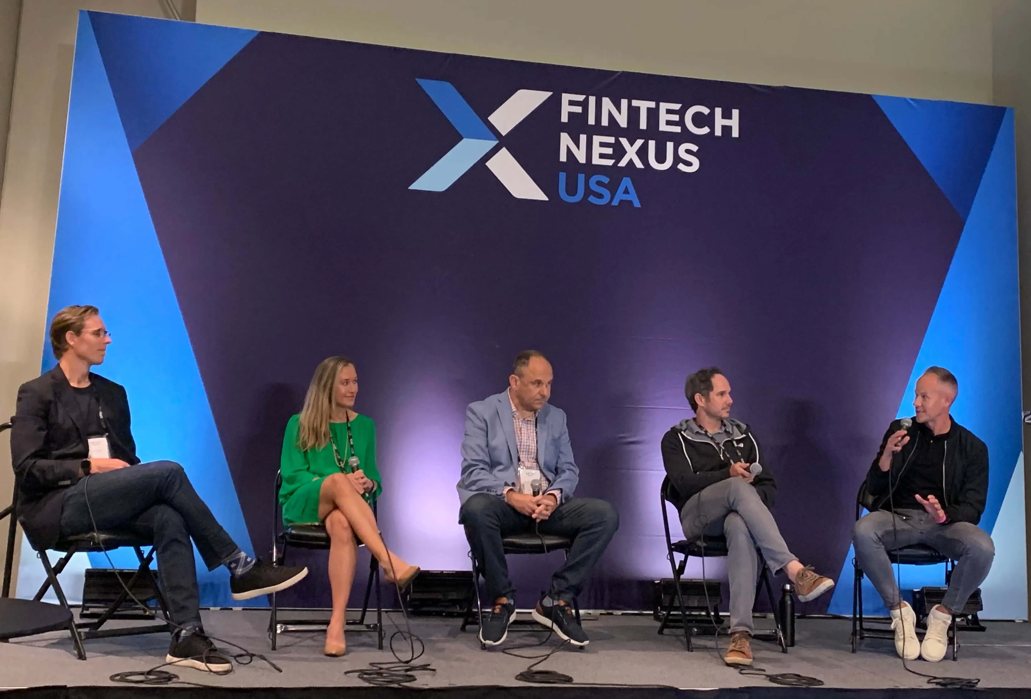 Creating a Virtuous Fintech Ecosystem for Small Businesses session, Fintech Nexus 2022. Speakers pictured left to right: Rob Daniel, Director, Product Management, Intuit Quickbooks; Tui Allen, Director of Product, Shopify; Cetin Duransoy, COO, Fundbox; Luke Voiles, Square Banking, Block; Brock Blake, CEO & Cofounder, Lendio